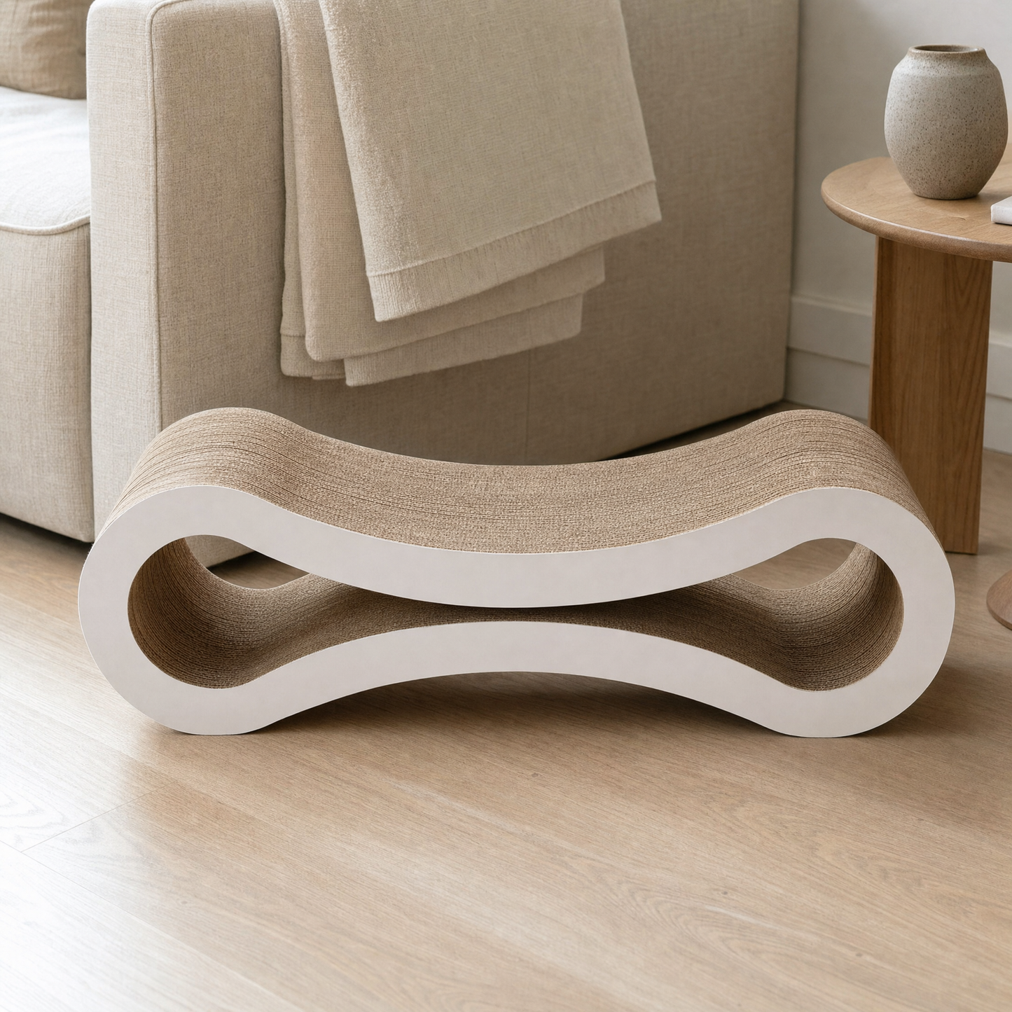 Nesta scratcher beside a linen sofa