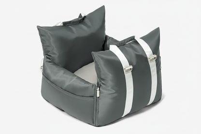 Gray pet bed with white stripes on a white background