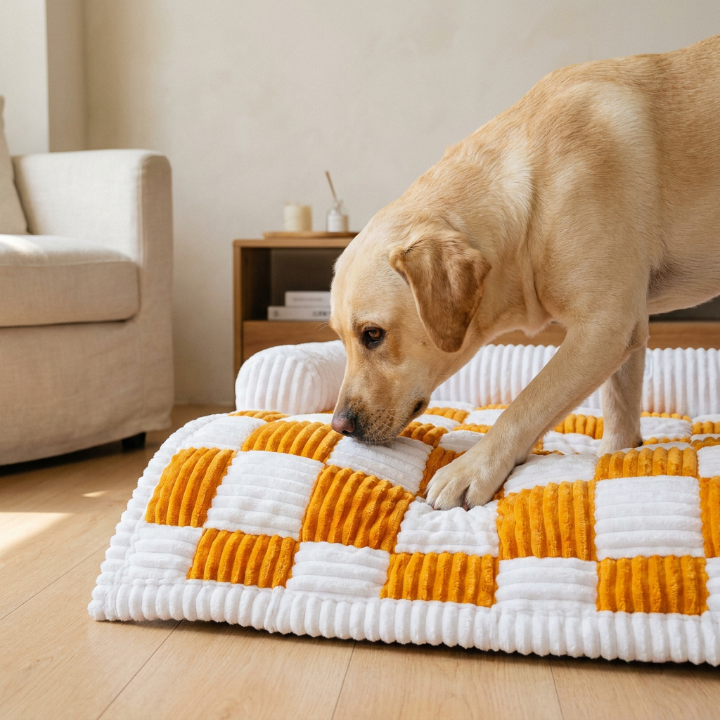 Labrador Retriever on plaid dog mat, living room, low angle close-up