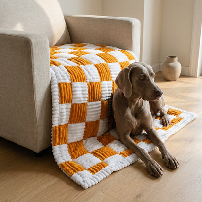 Weimaraner on plaid dog mat, living room, wide warm lifestyle shot