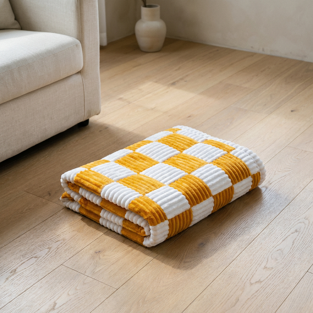 Plaid cozy dog mat on sofa, white oak floor, soft morning light, no animals