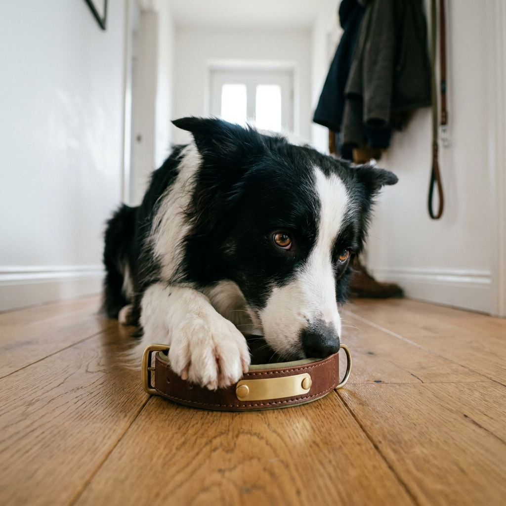 Birch leather dog collar with Border Collie