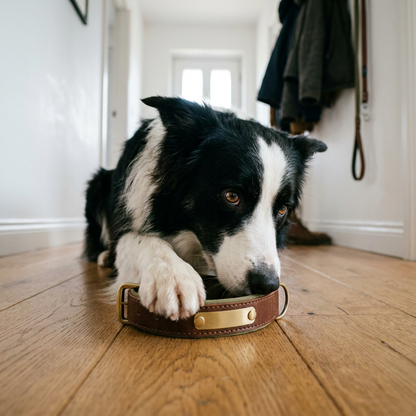 Birch leather dog collar with Border Collie