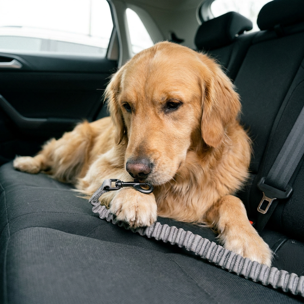 Golden Retriever with dog car seat, low angle close-up, car interior