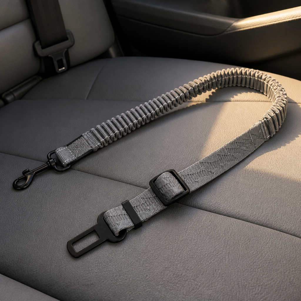 Dog car seat in car interior, warm light, tight editorial shot
