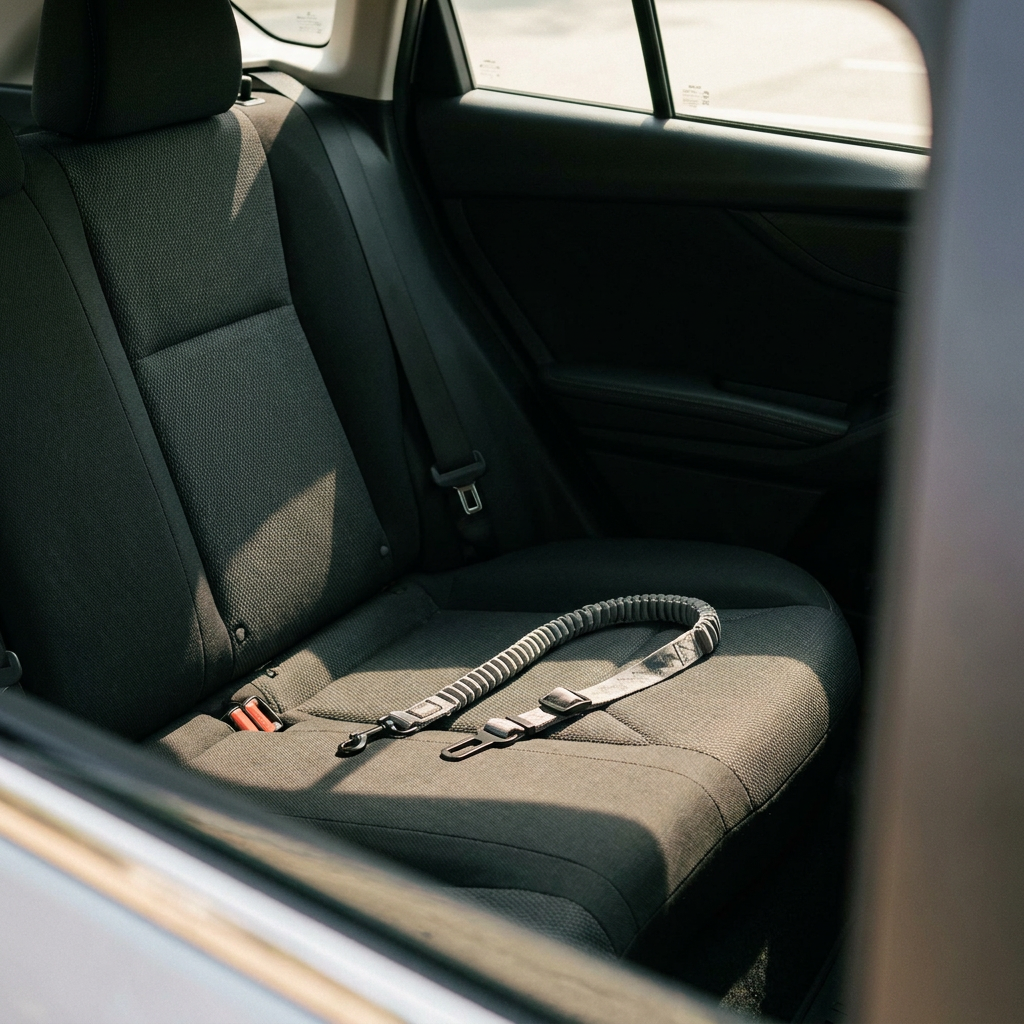 Dog car seat in rear seat of modern car, warm afternoon light, no animals