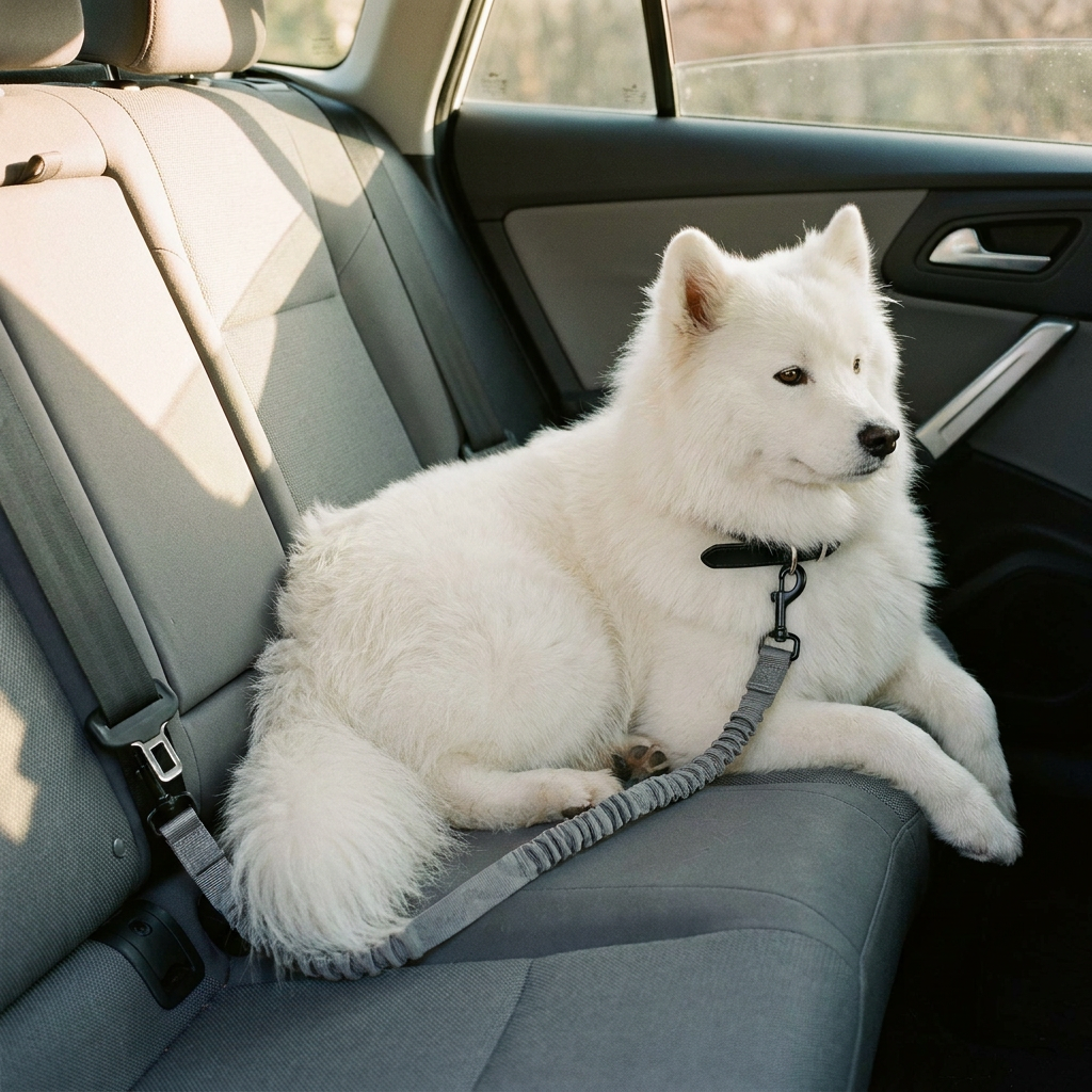 Samoyed with dog car seat in car, wide lifestyle shot, warm afternoon light