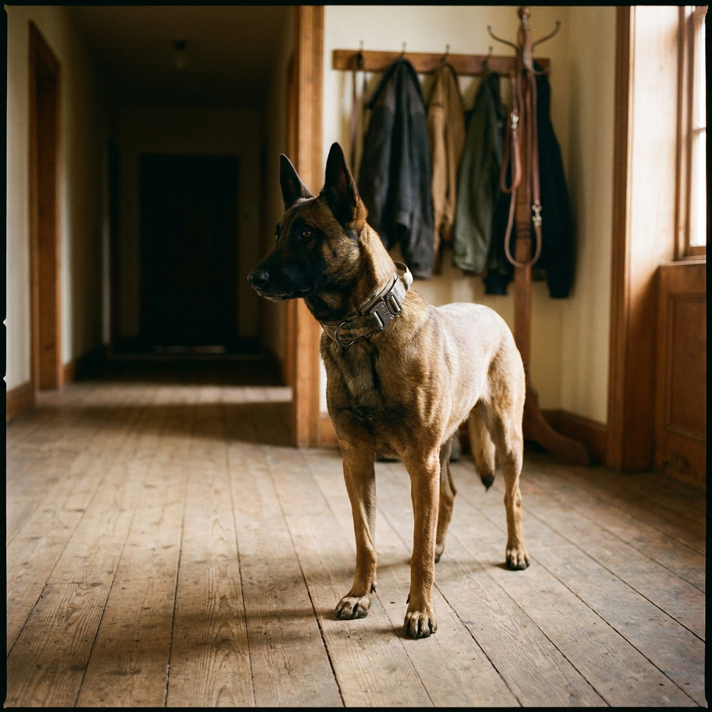 Belgian Malinois with lead in hallway, wide lifestyle shot, warm afternoon light