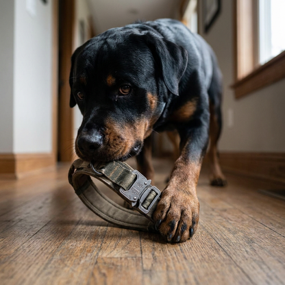 Rottweiler with lead in hallway, close-up low angle, natural light