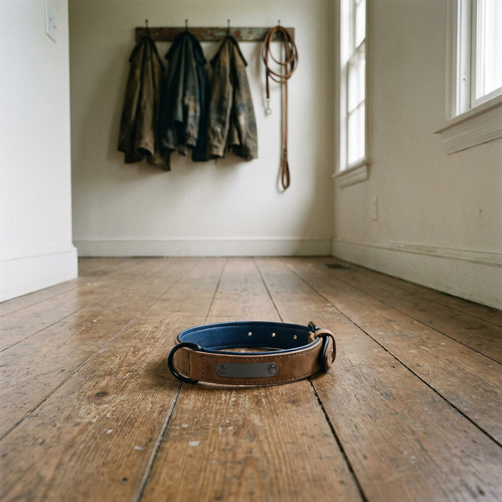 Dog harness laid flat in bright hallway, oak floor, daylight from front door