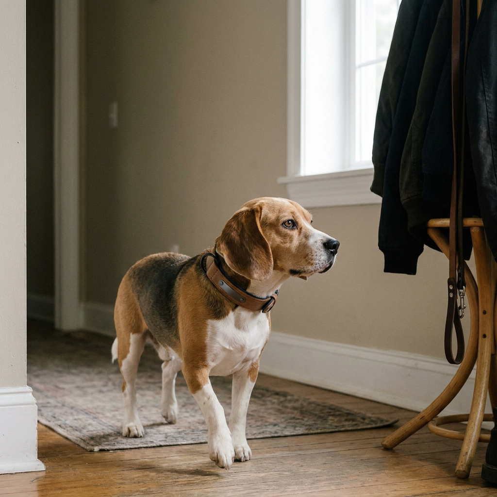 Beagle wearing harness in hallway, warm afternoon light, wide lifestyle shot
