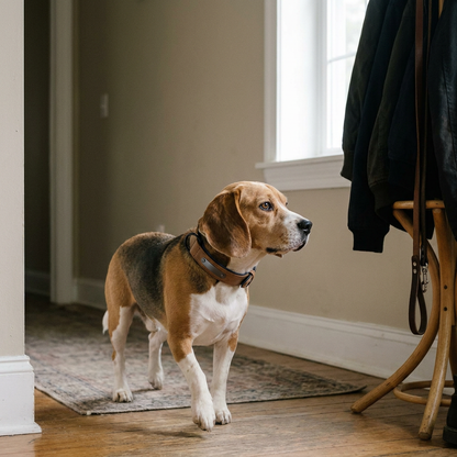 Beagle wearing harness in hallway, warm afternoon light, wide lifestyle shot