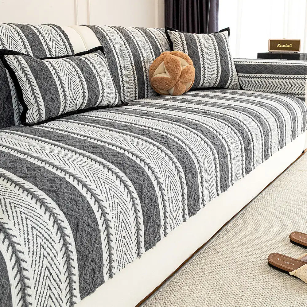 Hollow - Striped Chenille Non-Slip Couch Cover