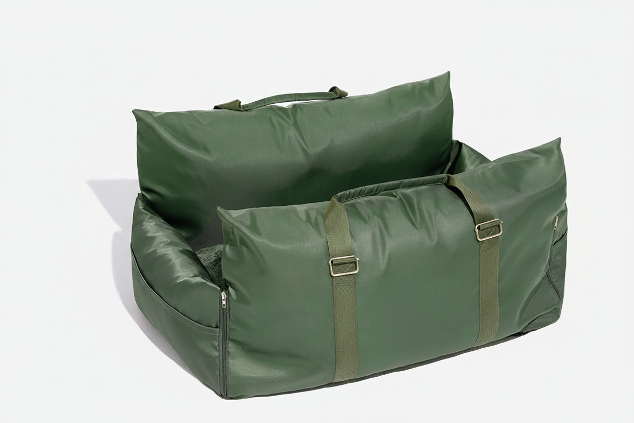 Green storage bag with a visible brand logo on a white background
