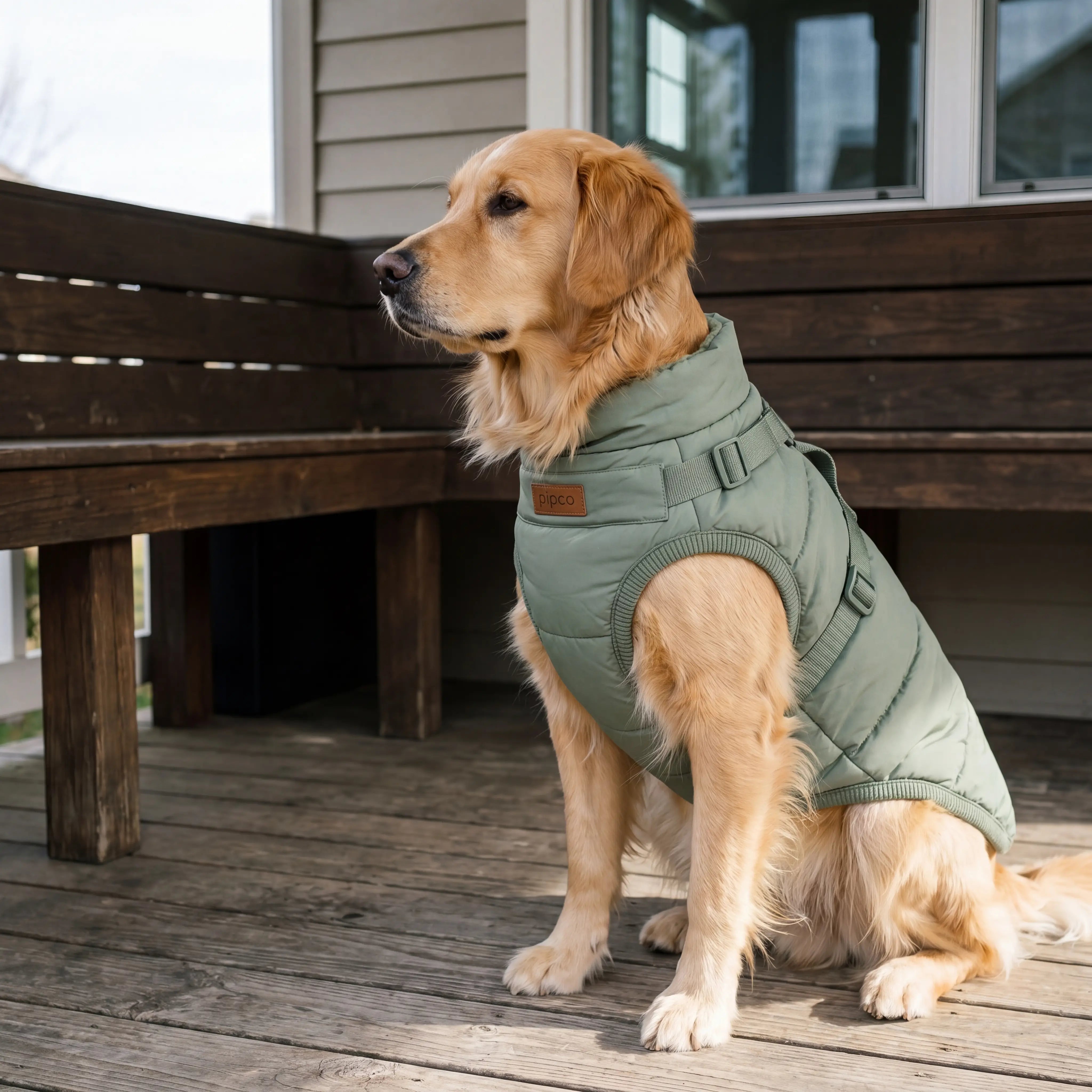 Golden Retriever wearing the Glow puffer jacket on a porch