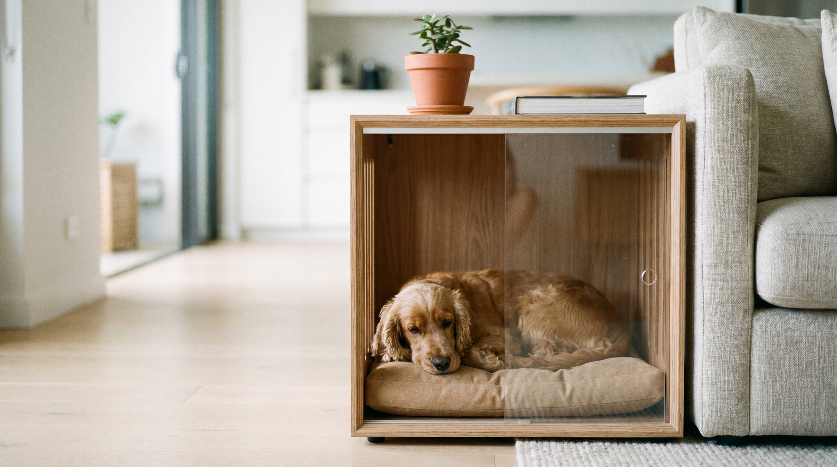 Cocker Spaniel relaxed inside a wooden dog crate styled as a side table in a Sydney apartment living room — Paws and Pets Co hero image