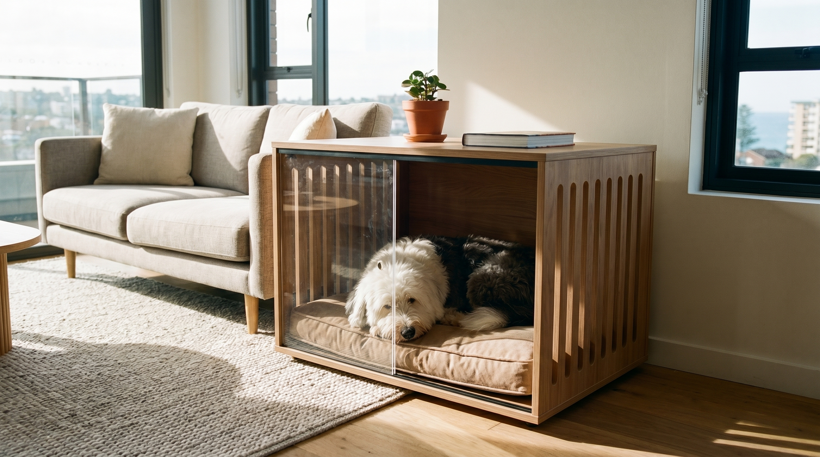 Cocker Spaniel relaxed inside a wooden dog crate styled as a side table in a Sydney apartment living room — Paws and Pets Co hero image