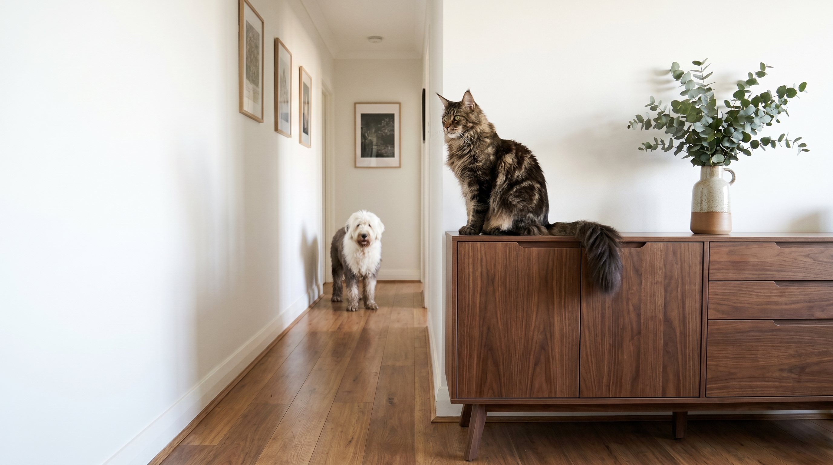 Maine Coon cat sitting on a wooden litter cabinet that reads as designer furniture in a Sydney apartment hallway — Paws and Pets Co hero image