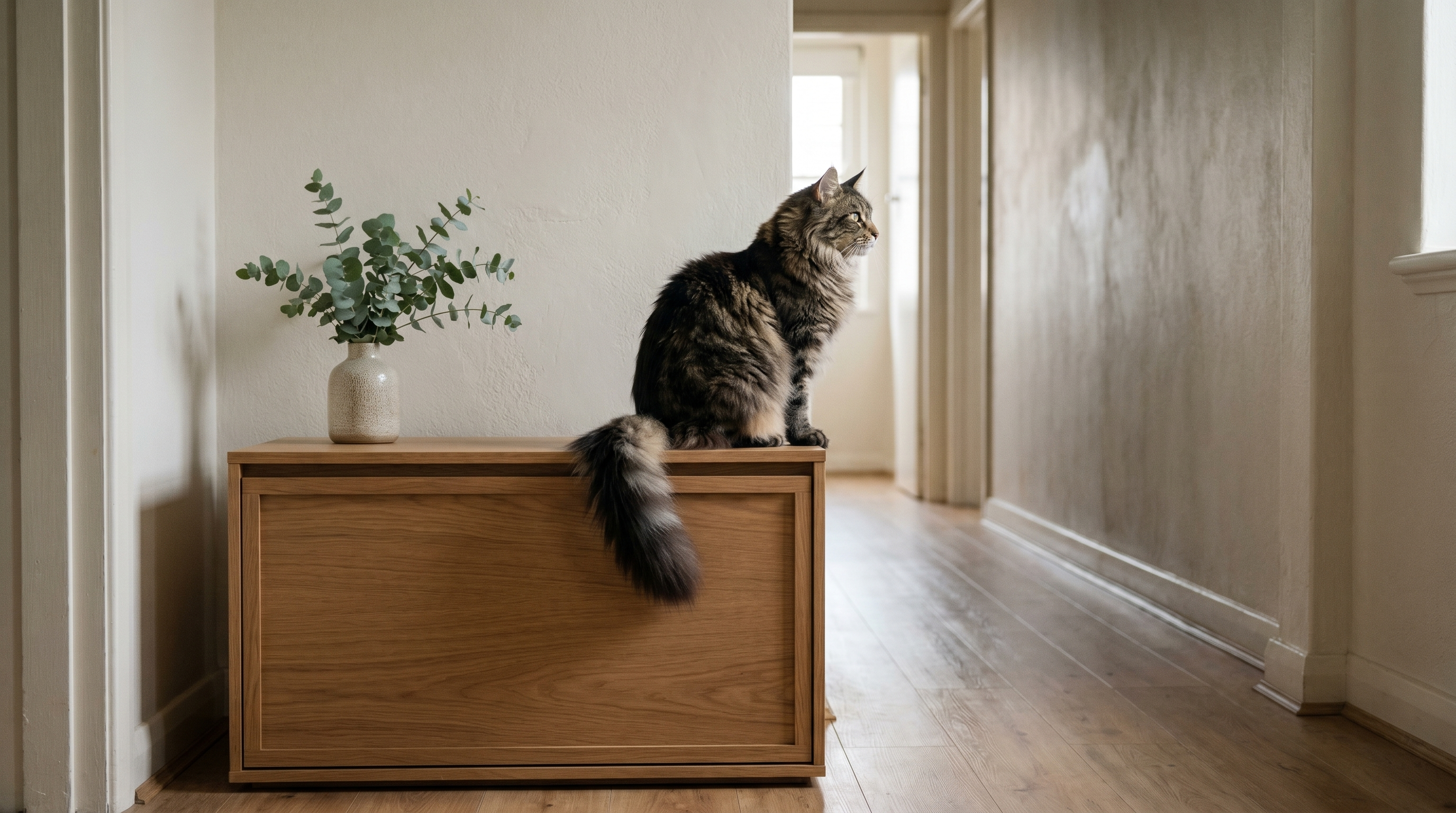 Maine Coon cat sitting on a wooden litter cabinet that reads as designer furniture in a Sydney apartment hallway — Paws and Pets Co hero image