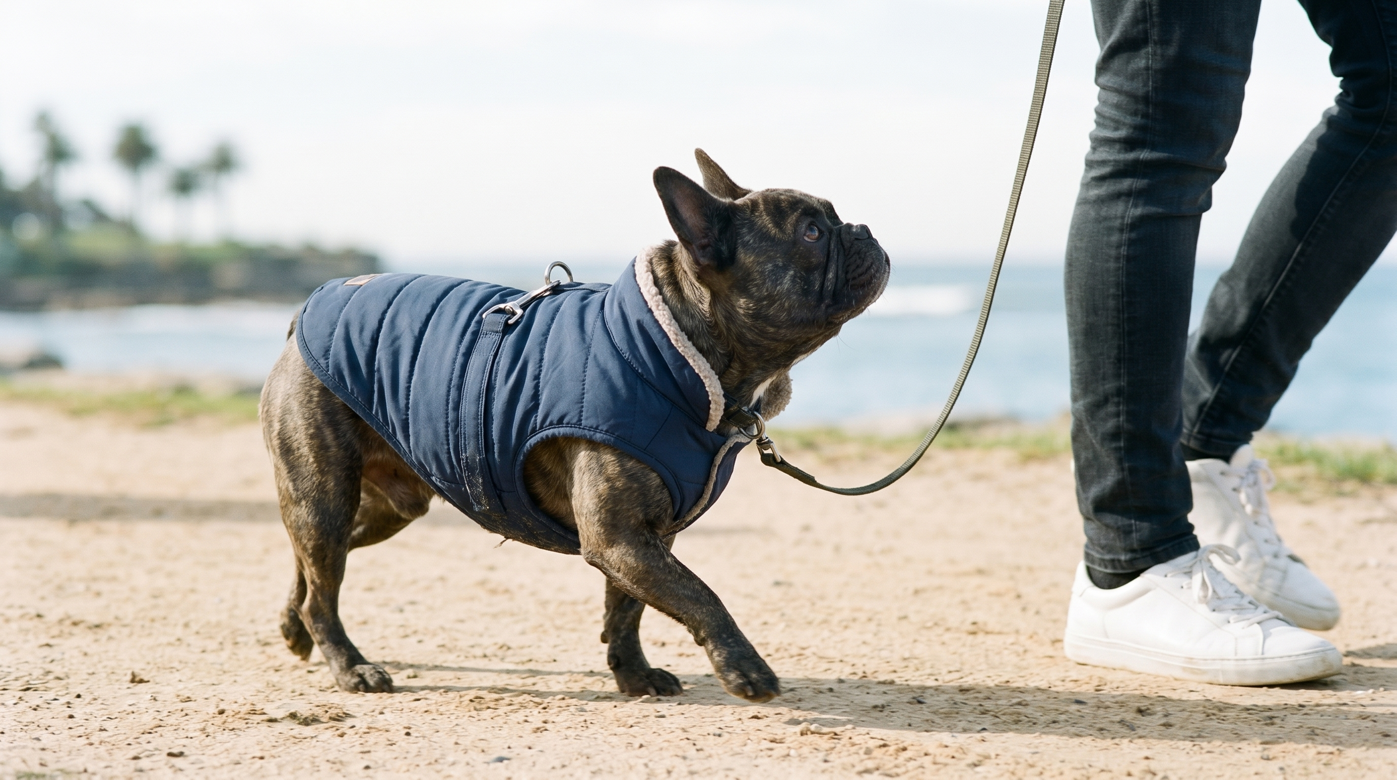 French Bulldog wearing a fitted dog jacket with built-in harness on a Sydney coastal walking path at dawn — Paws and Pets Co hero image