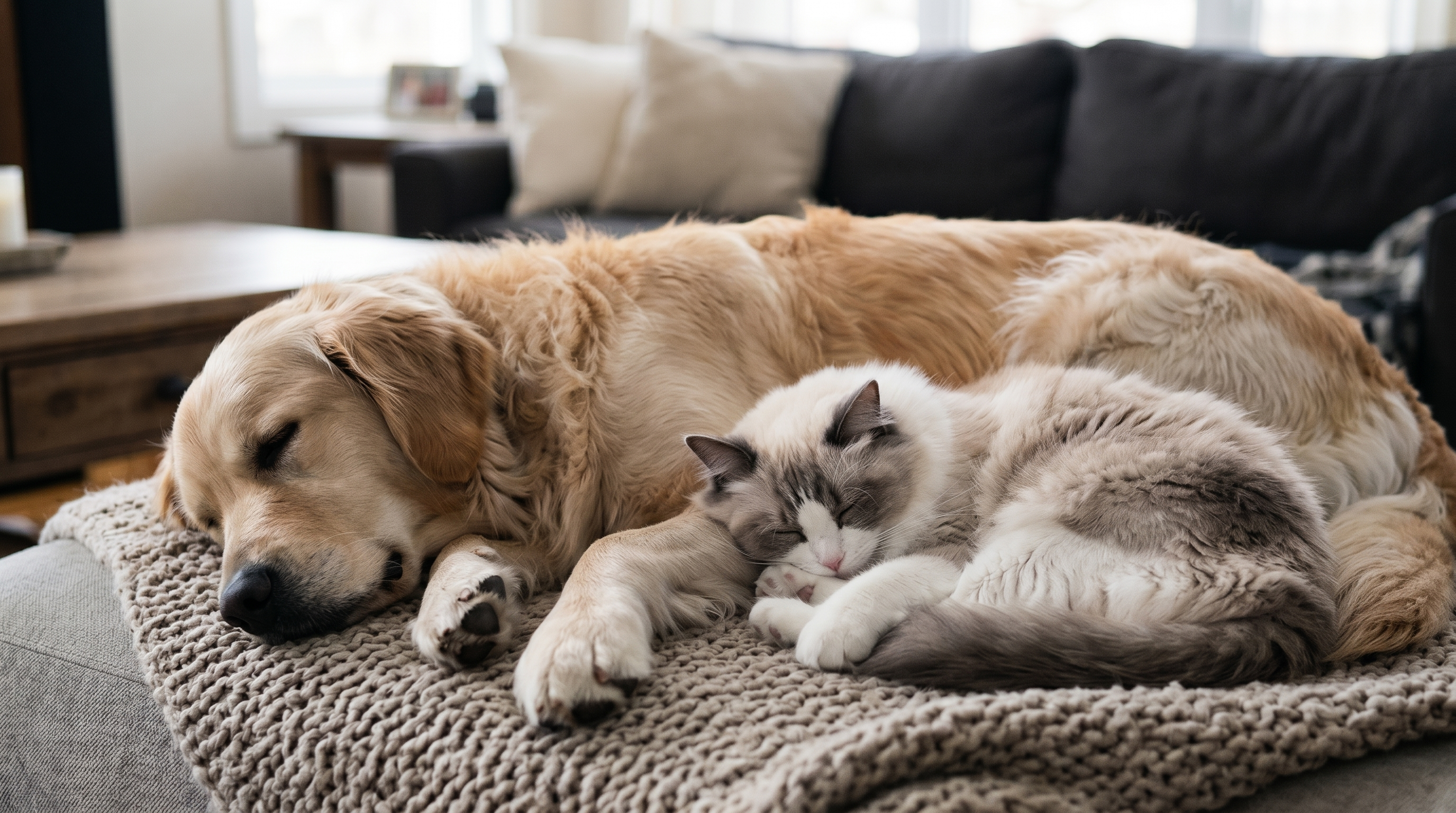 Golden retriever and cat sleeping together on a knit blanket in a sunlit living room. Paws and Pets Co hero image.
