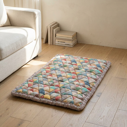Cotton protective couch cover draped on sofa, white oak floor, soft morning light