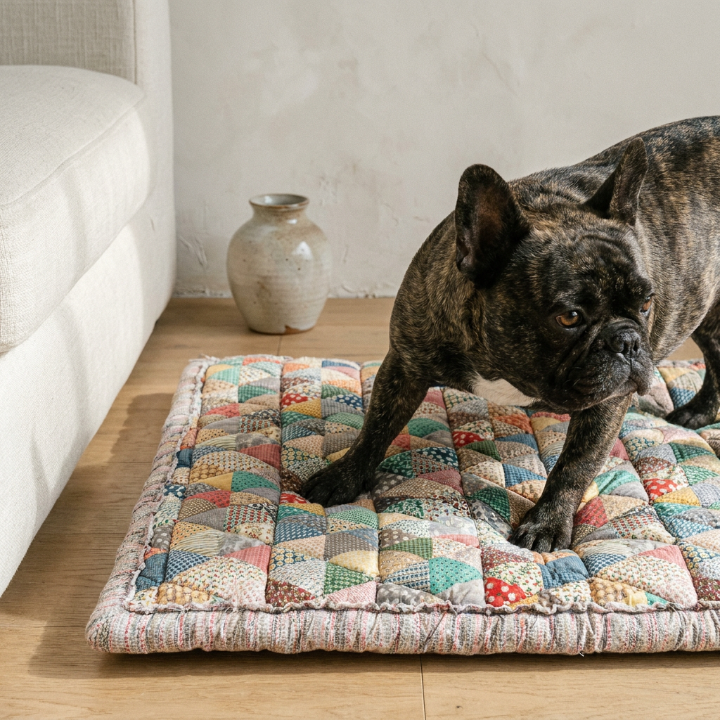 French Bulldog on cotton couch cover, living room, low angle close-up