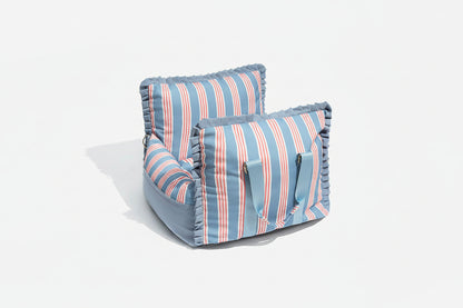 Striped bean bag chair with ruffles on a white background