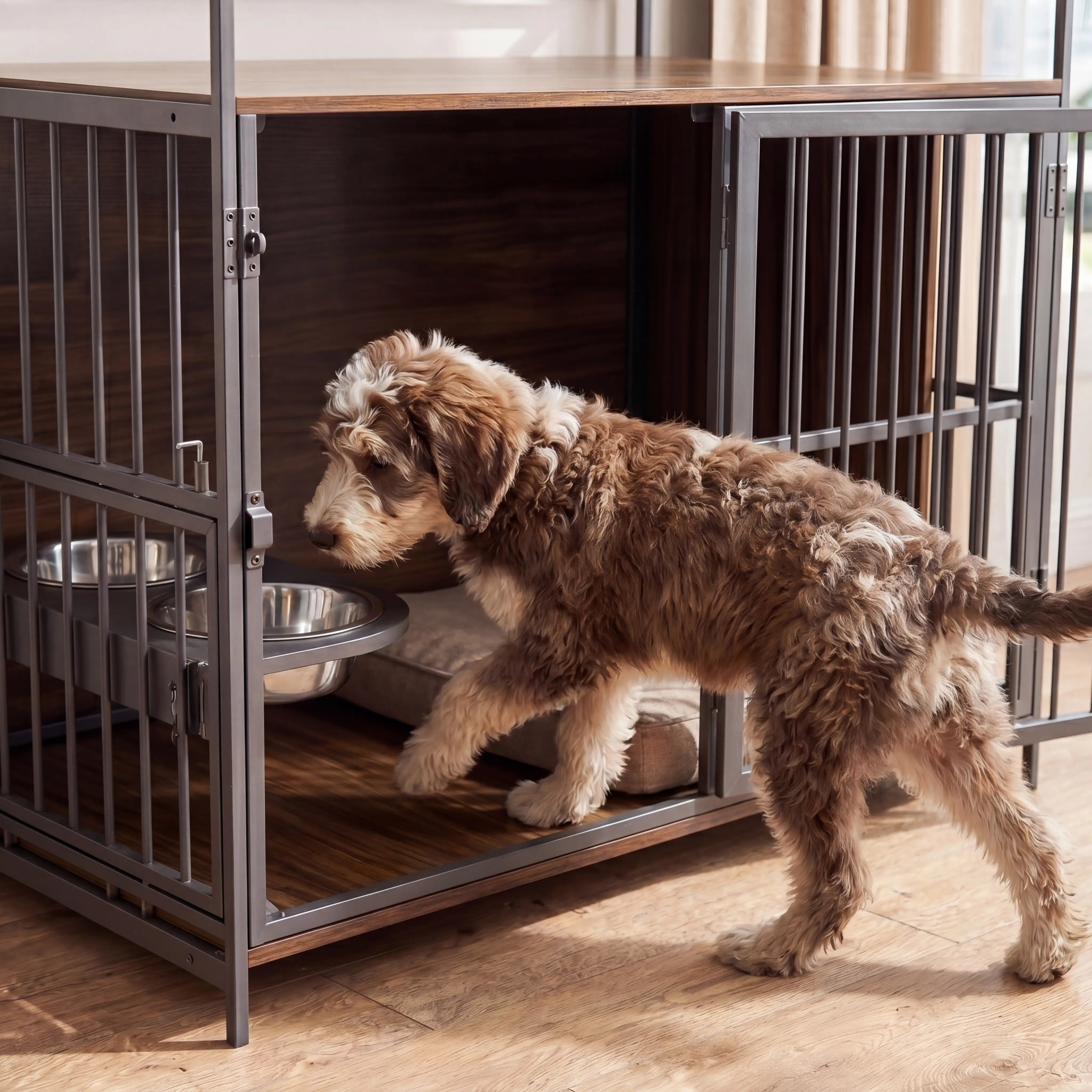 Goldendoodle puppy stepping into the Marlow wooden dog crate