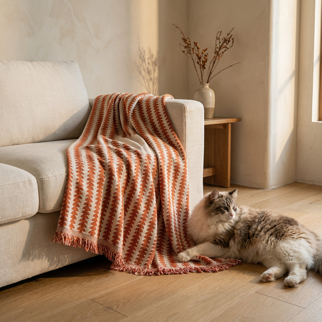 Norwegian Forest Cat on chenille couch cover, living room, wide lifestyle shot, warm light