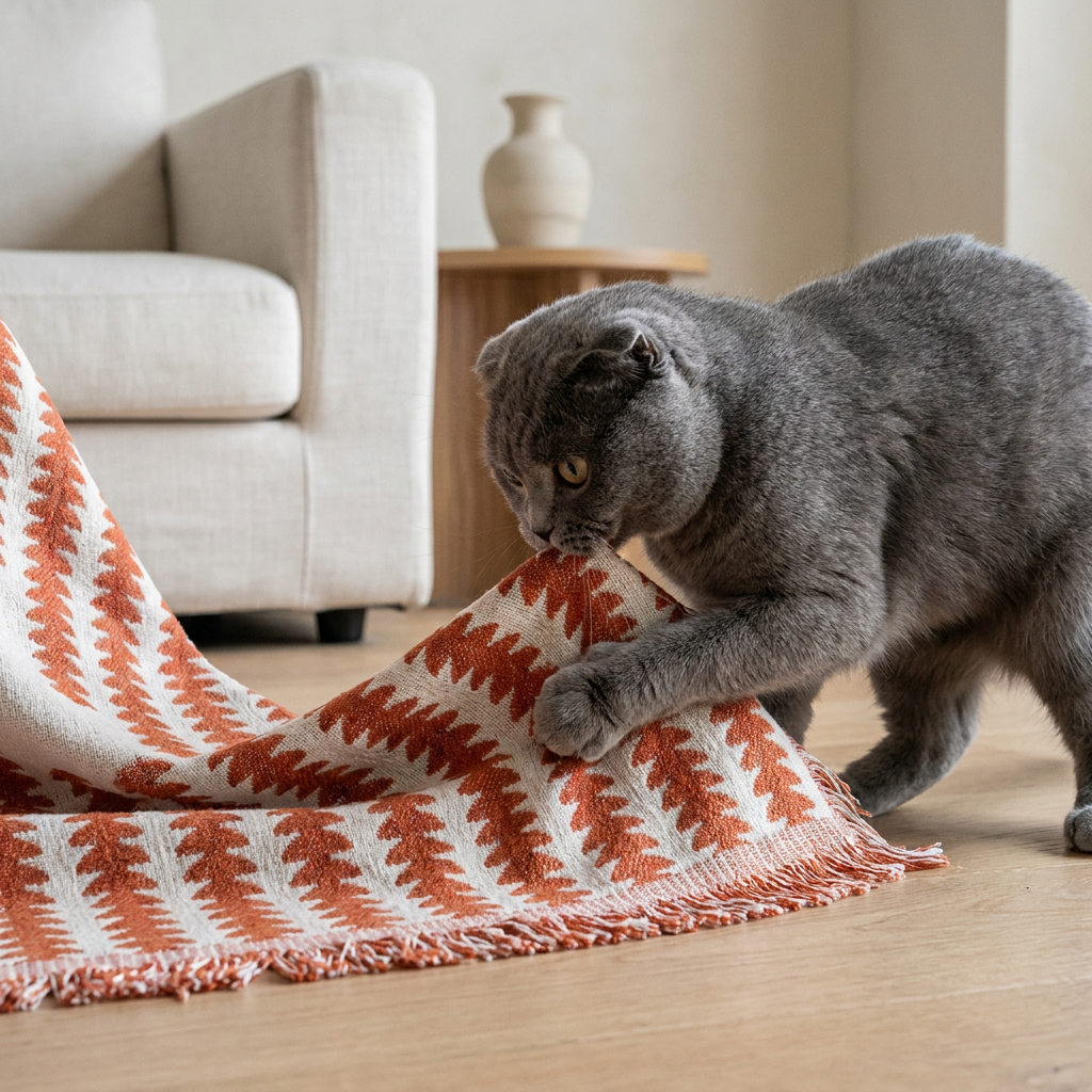Scottish Fold cat on chenille couch cover, living room, low angle close-up