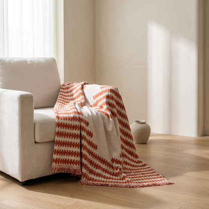 Chenille couch cover draped on sofa, white oak floor, soft morning light