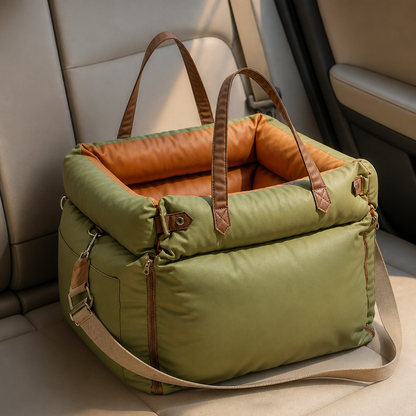 Dog car seat booster in car interior, tight editorial shot, warm light