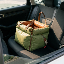 Faux leather dog car seat booster in rear of modern car, warm afternoon light
