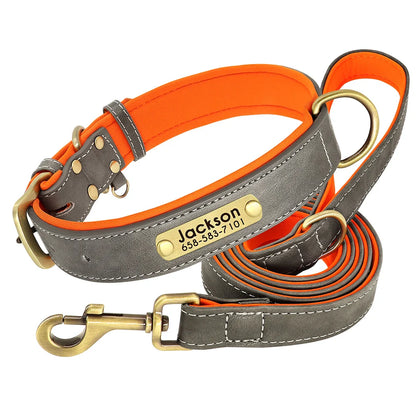 Slate - Personalised Leather Dog Collar and Leash Set, Engraved