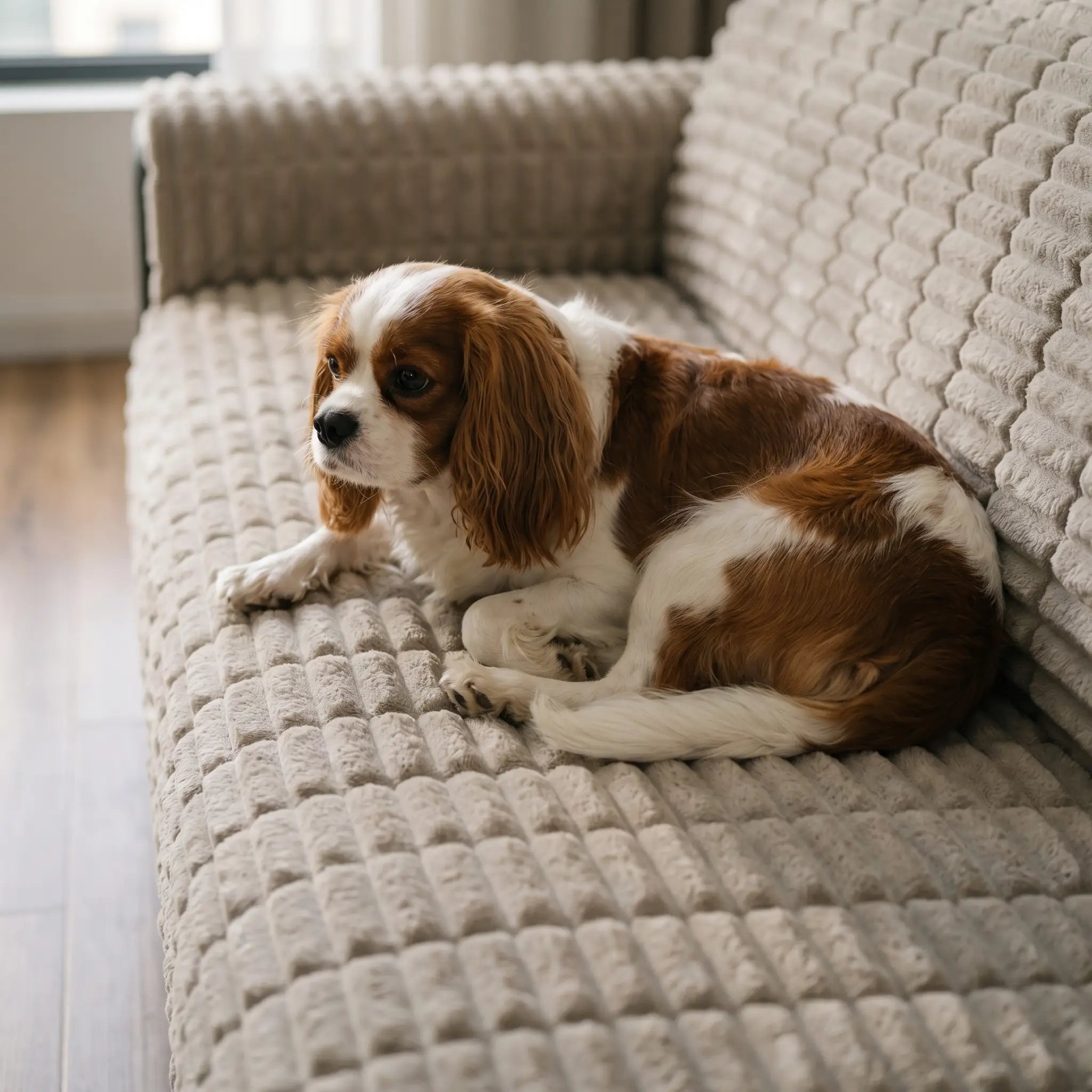 Cavalier King Charles Spaniel on the Cove sofa cover