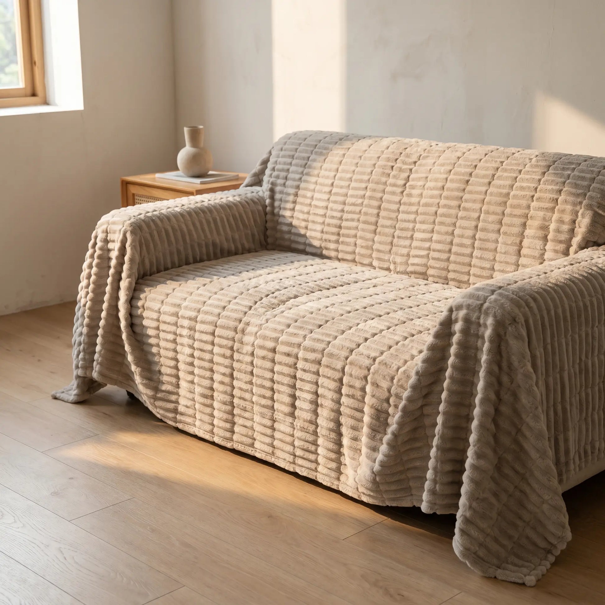 Cove flannel sofa cover in a home setting