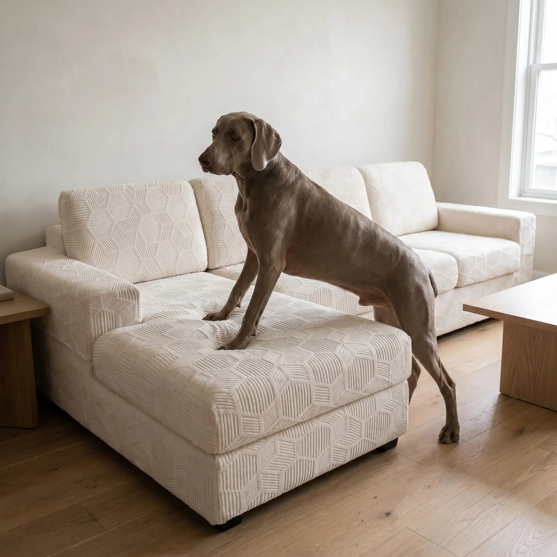 Weimaraner stepping onto the Dale covered sofa