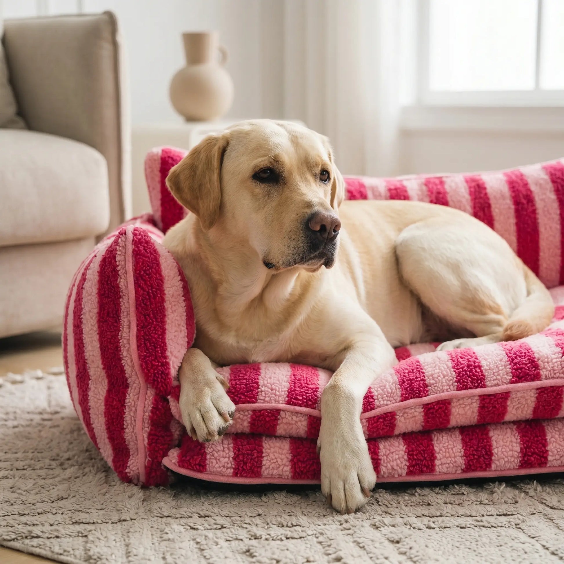 Flax lambswool sofa bed with dog, close up