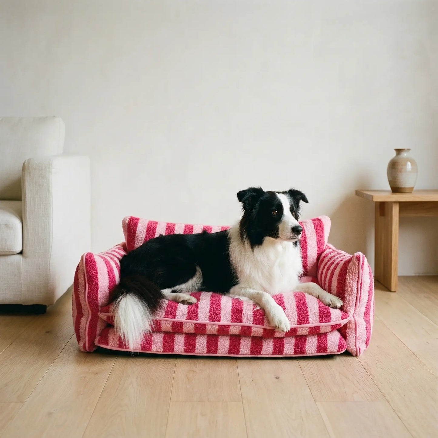 Flax lambswool sofa bed with dog, wider view