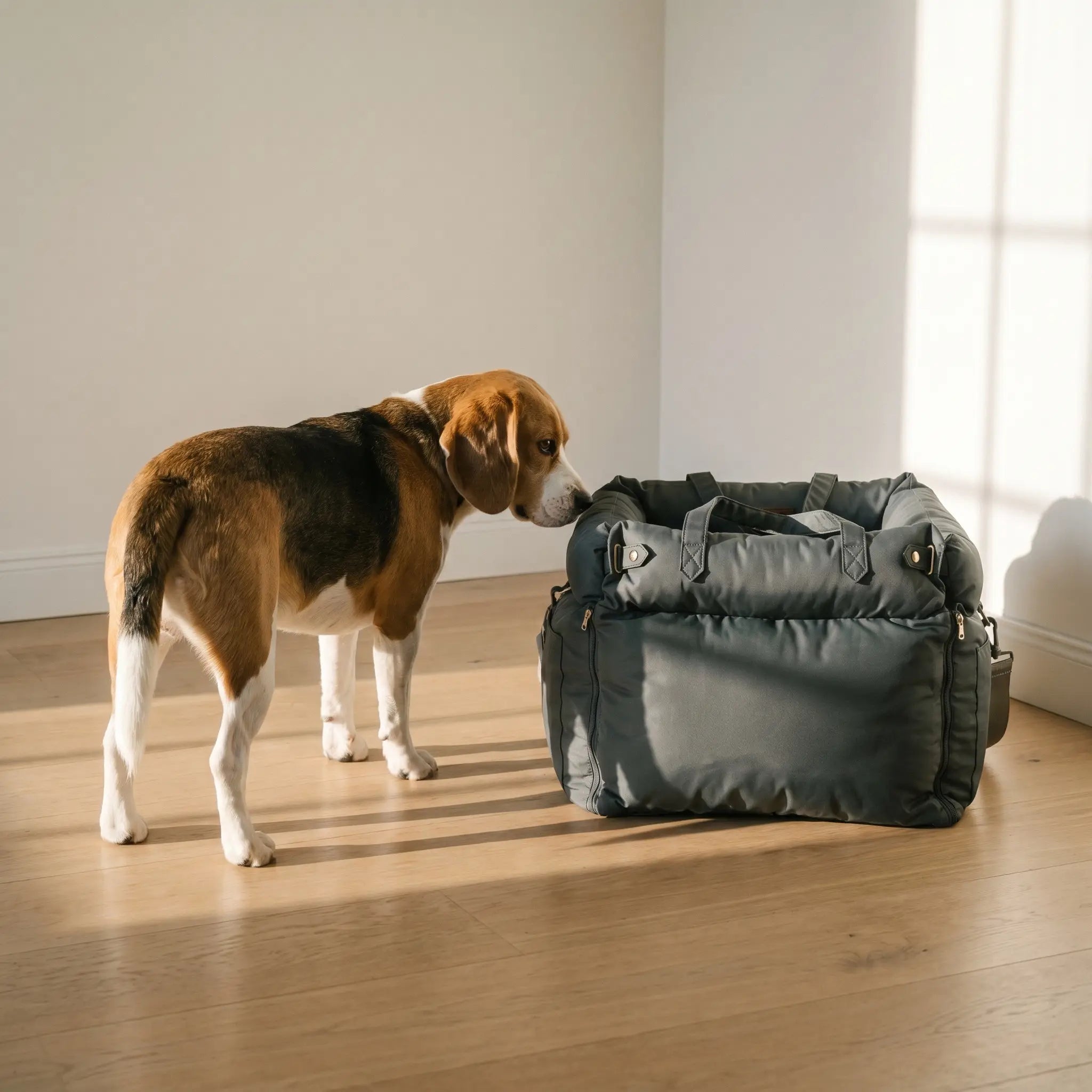 Beagle with the Flint car seat