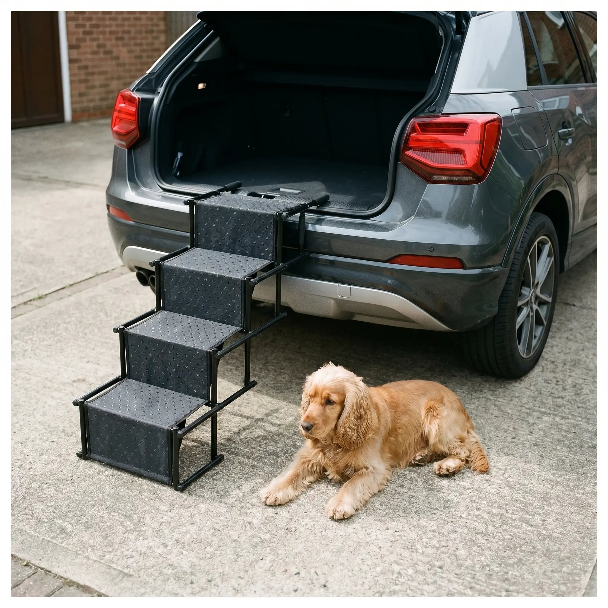 Foss foldable dog car stairs in a driveway scene