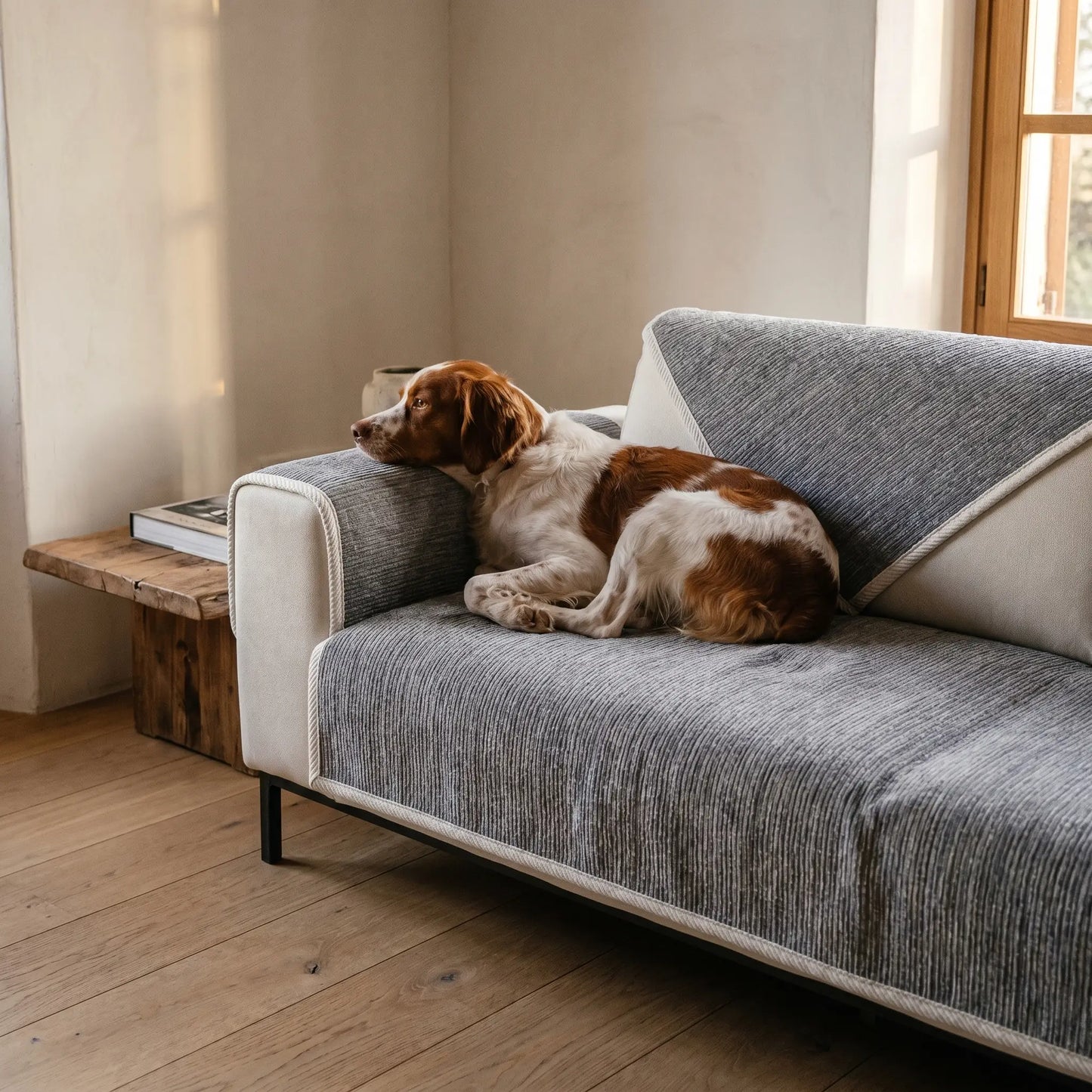Brittany Spaniel settling on the Frith covered sofa
