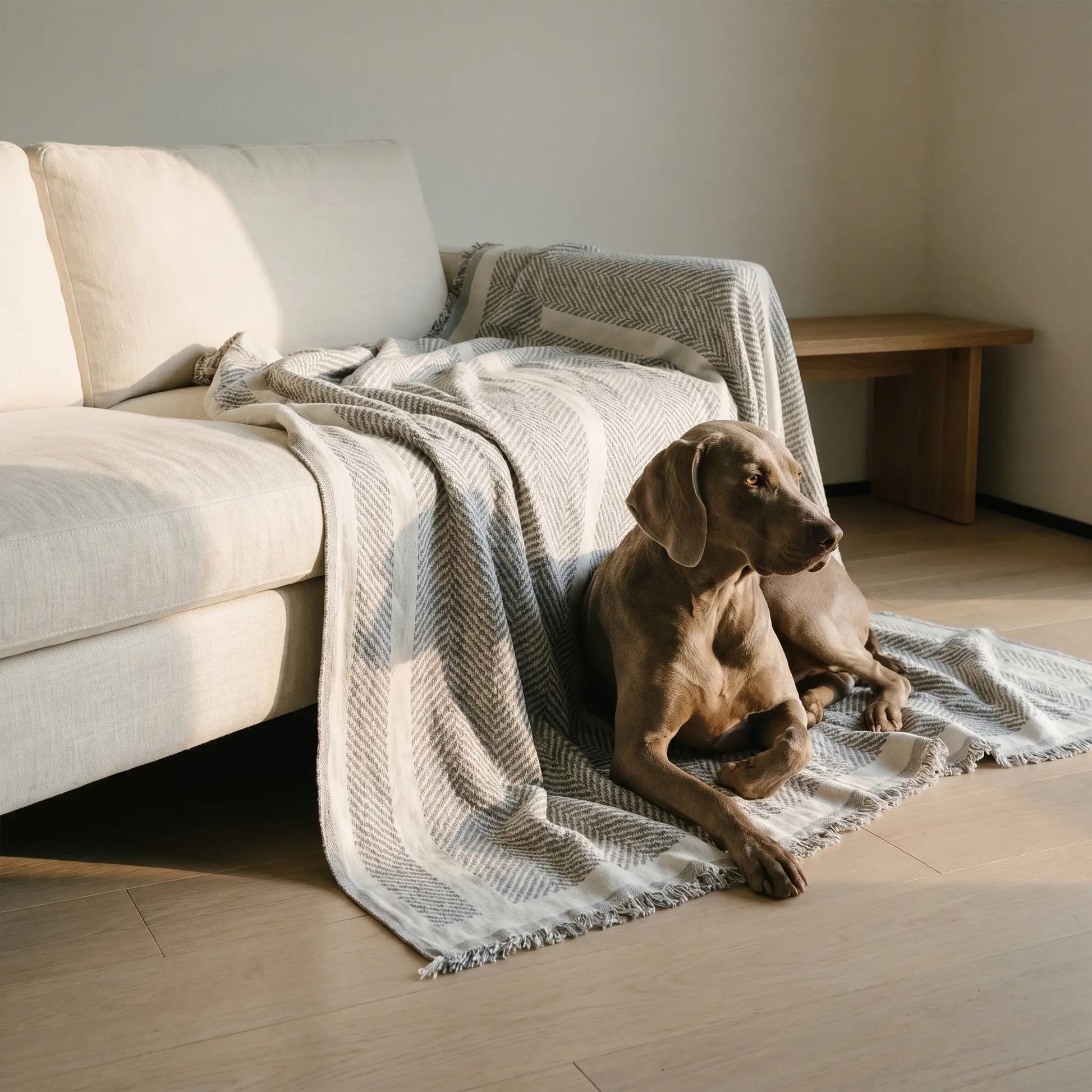 Gorse herringbone chenille throw with dog, wider view
