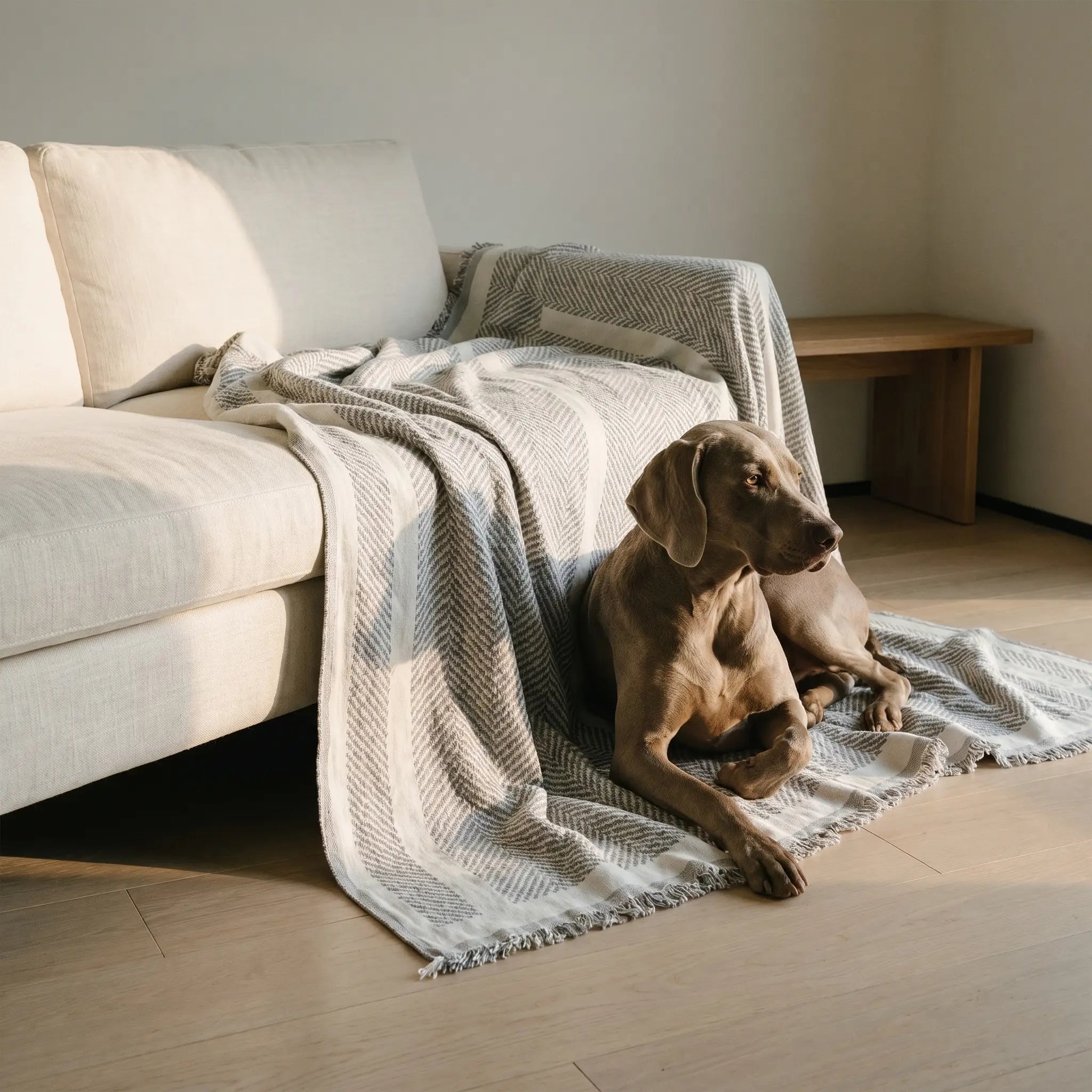 Gorse herringbone chenille throw with dog, wider view