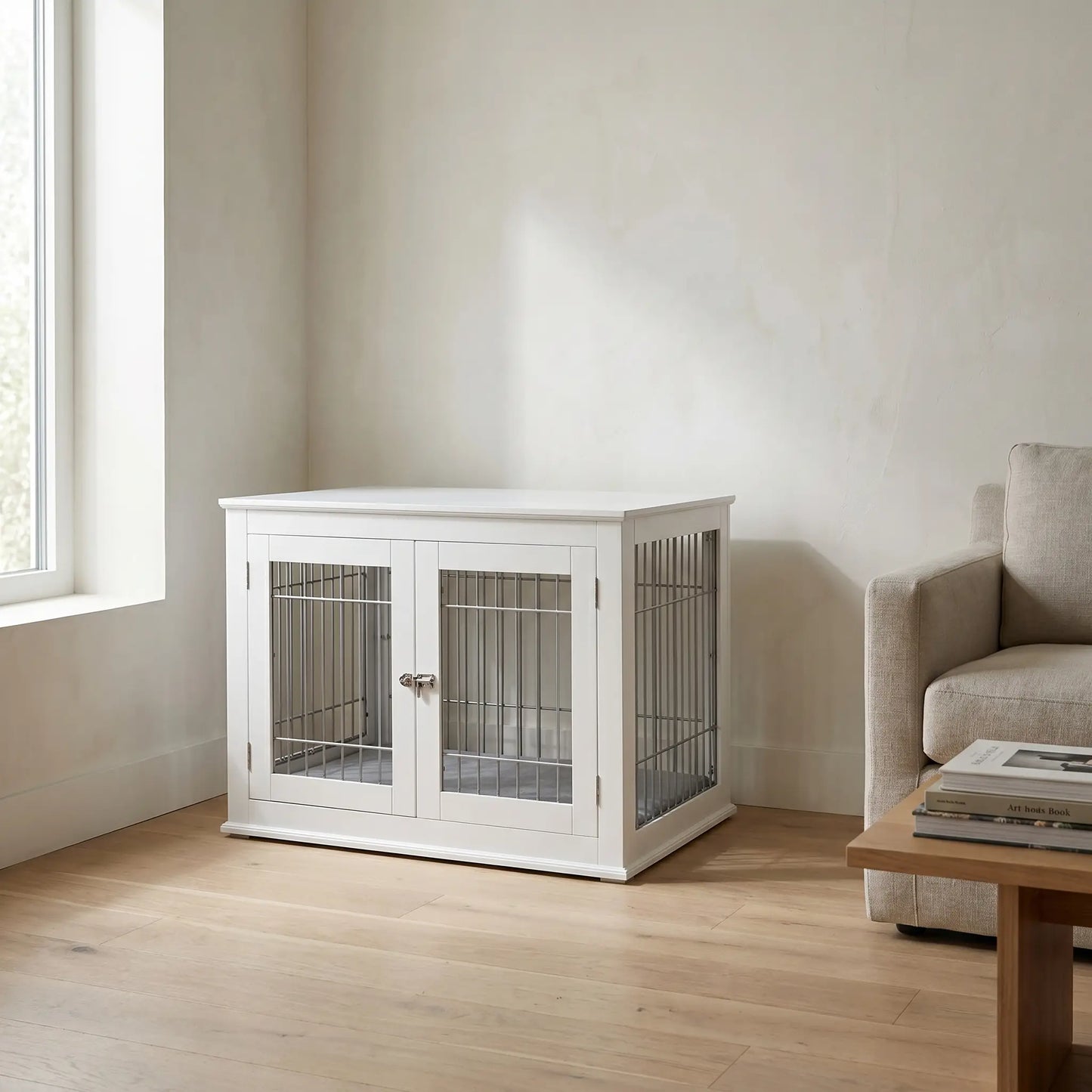 Hadley wooden dog crate in a modern living room
