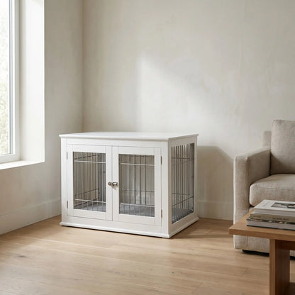 Hadley wooden dog crate in a modern living room