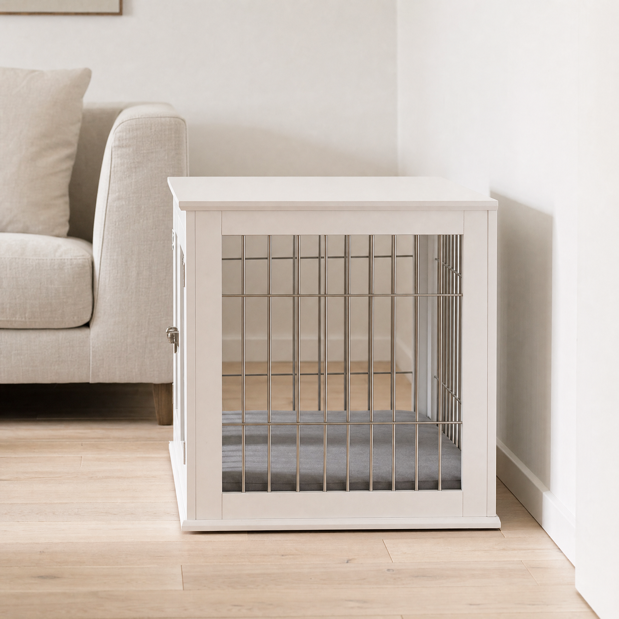 Hadley dog crate side-on view showing wire bars and cushion