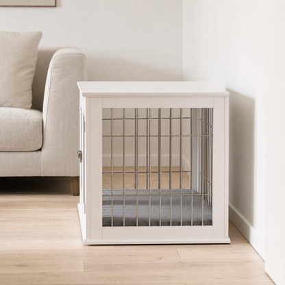 Hadley dog crate side-on view showing wire bars and cushion