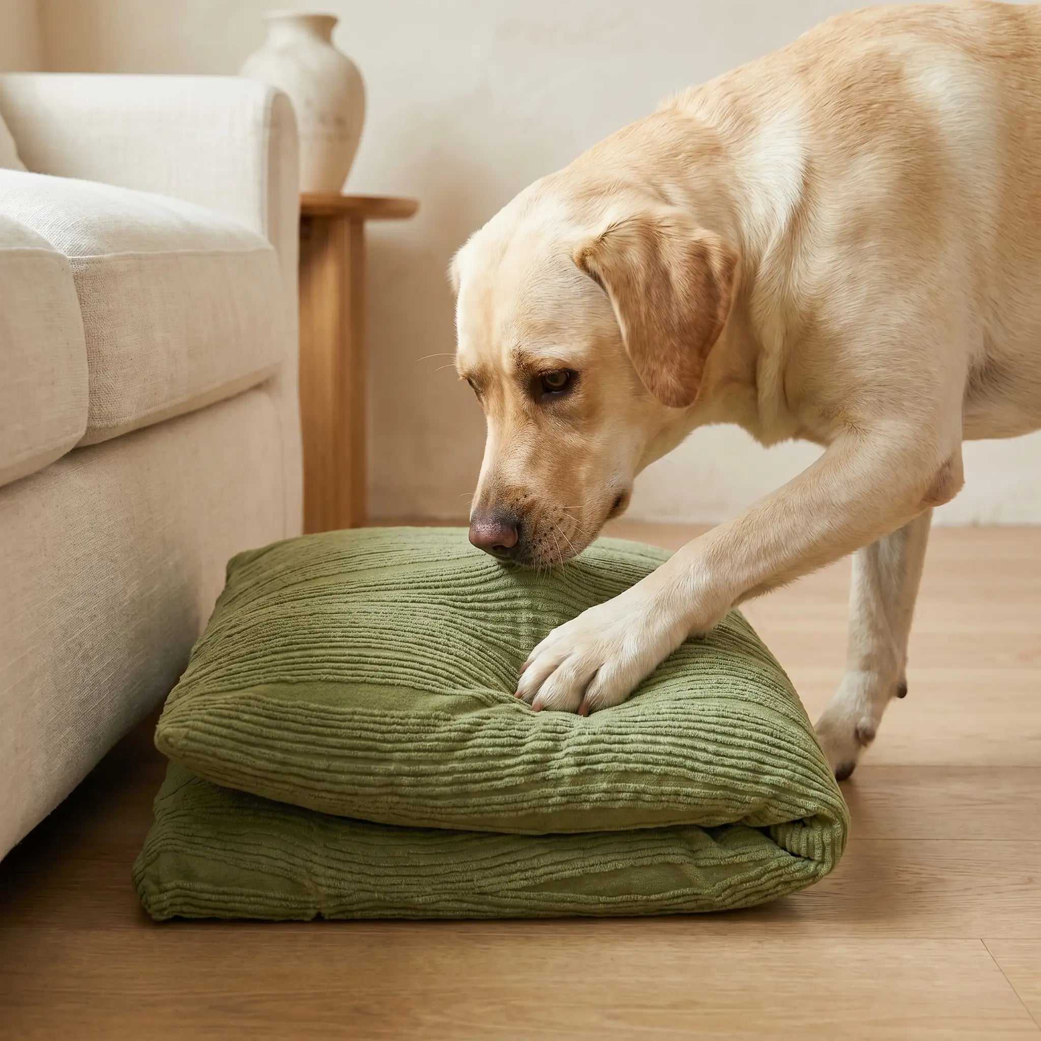Hazel stretch sofa cover with dog, close up